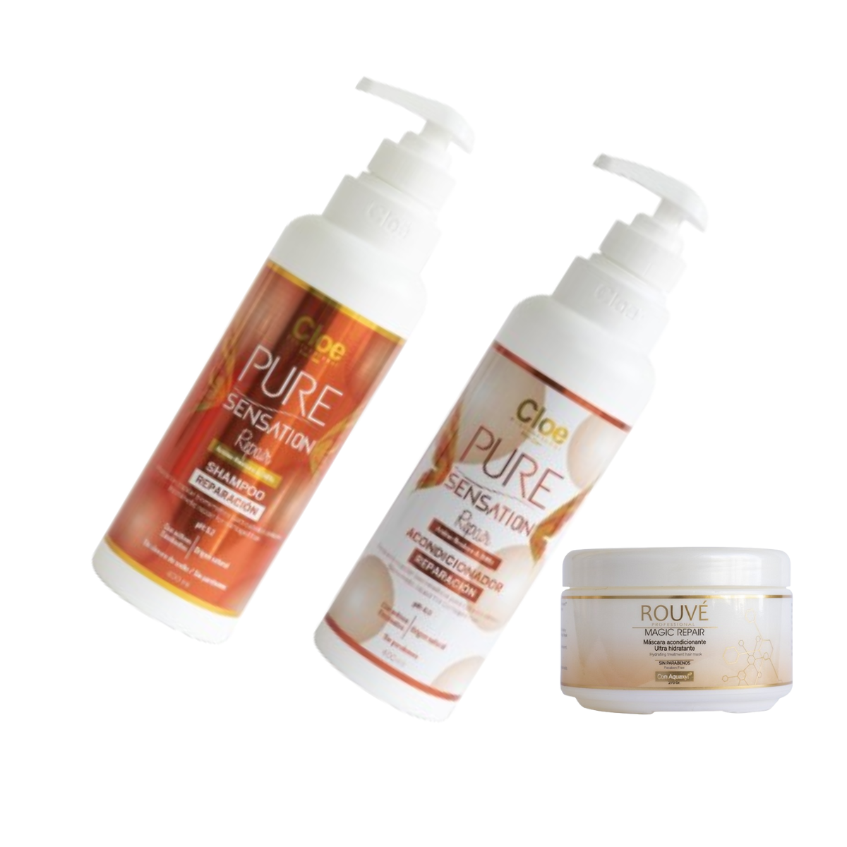 Shampoo + Acondicionador Cloe Pure Sensation Repair + Mascara Magic Repair Cream Rouve