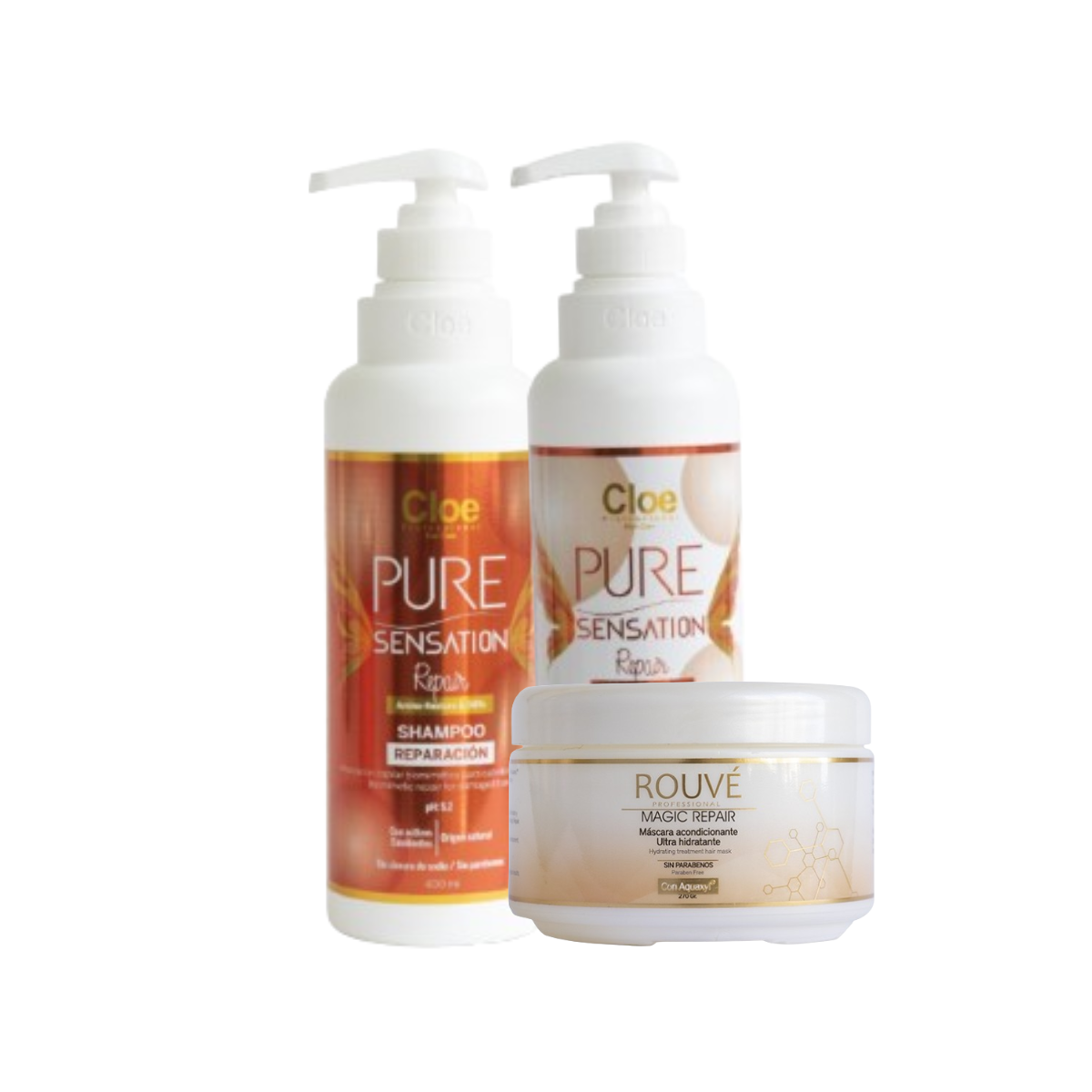 Shampoo + Acondicionador Cloe Pure Sensation Repair + Mascara Magic Repair Cream Rouve