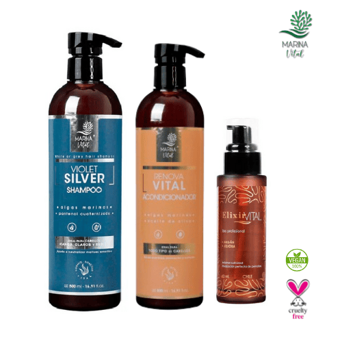 Shampoo Silver Serum Elixir y Acondicionador Marina Vital
