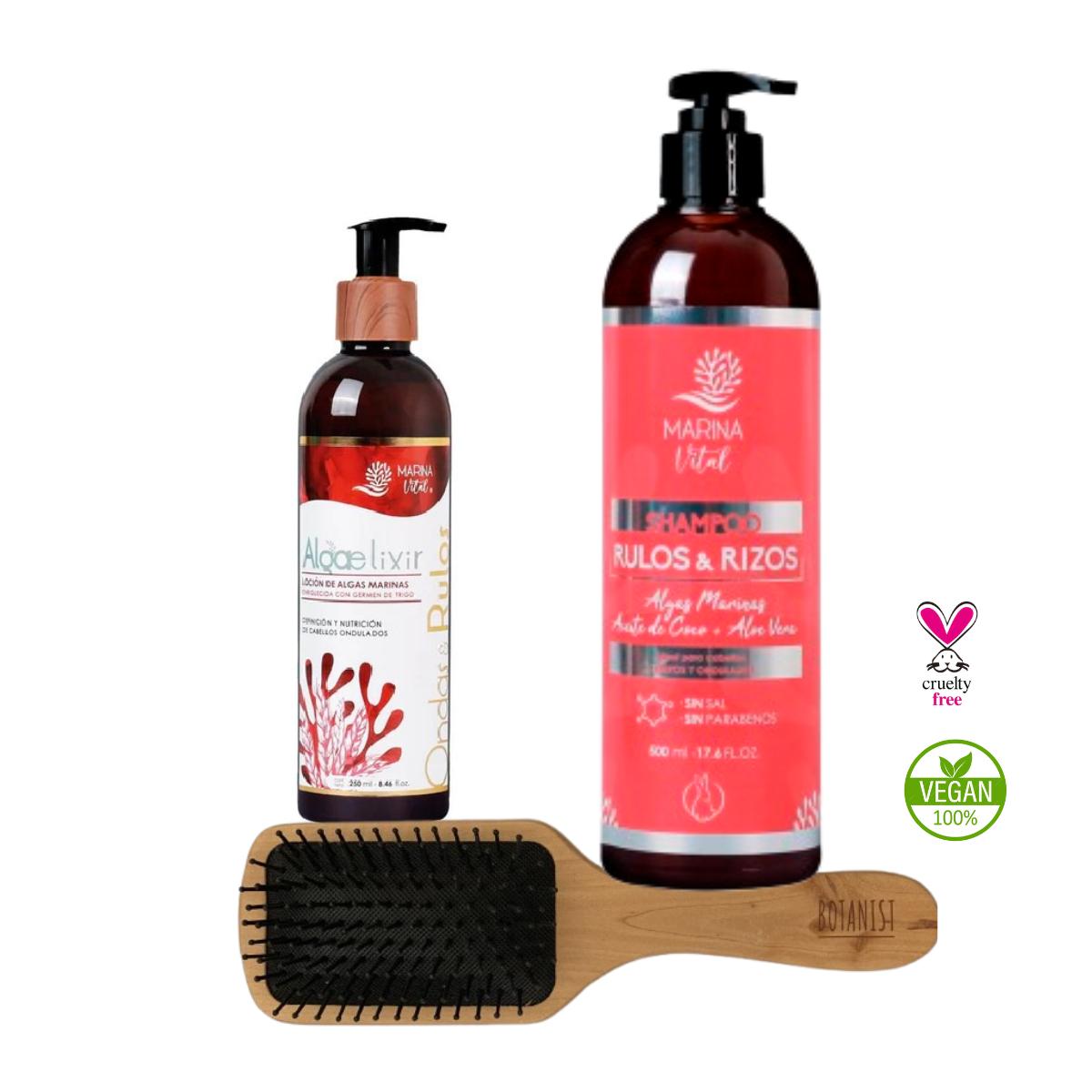 Shampoo Rulos y Rizos 500ml + Algaelixir Ondas 250ml+Cepillo