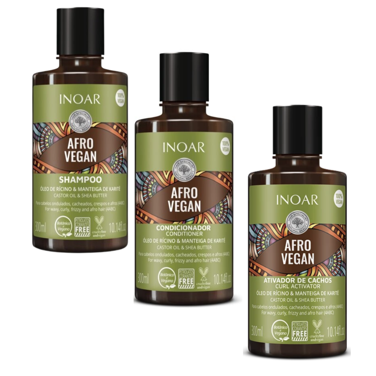 Pack Shampoo + Acondicionador + Activador de Rulos Afro Vegan 300 Ml C/U inoar