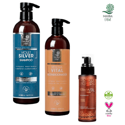 Shampoo Silver Serum Elixir y Acondicionador Marina Vital
