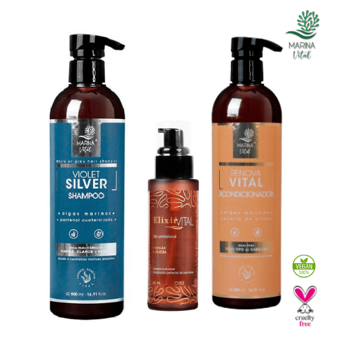 Shampoo Silver Serum Elixir y Acondicionador Marina Vital