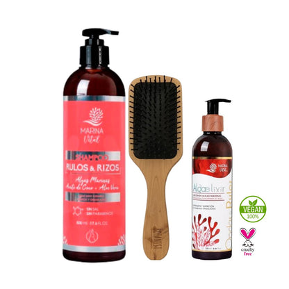 Shampoo Rulos y Rizos 500ml + Algaelixir Ondas 250ml+Cepillo